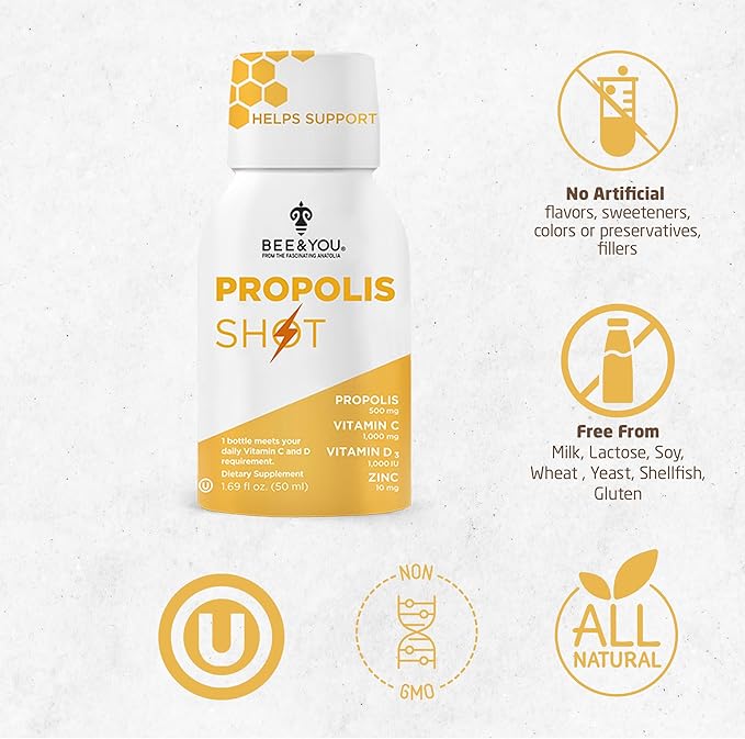 Bee and You Propolis Shot 12 Bottles and Bee Pollen Bundle Natural Supplement Bee Propolis Antioxidants Proteins Vitamins Amino Acids for Adults Women Me