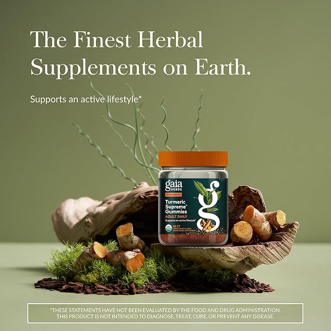 Gaia Herbs Turmeric Supreme Adult Daily Gummies-Daily Swelling Support for Healthy Active Life-USDA Certified Organic Blend of Turmeric and Supportive Herbs-40 Gummies(20-Day Supply) (Pack of 2)