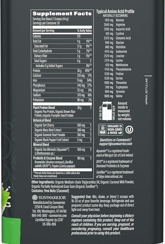 Sunwarrior Organic Plant Based Protein Powder | Vegan Organic Protein Powder with BCAA Amino Acids Plus Recovery Minerals &amp Botanicals | Non-GMO Soy Dairy &amp Gluten Free (Unflavored 20 Serving