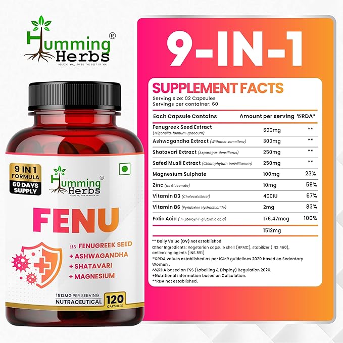 Humming Herbs Fenugreek Seed Extract Complex — with Ashwagandha Shatavari Safed Musli Magnesium Zinc Vitamin D3 B6 &amp Folate — 1512 mg per Serving — 120 Capsules (60 Days)