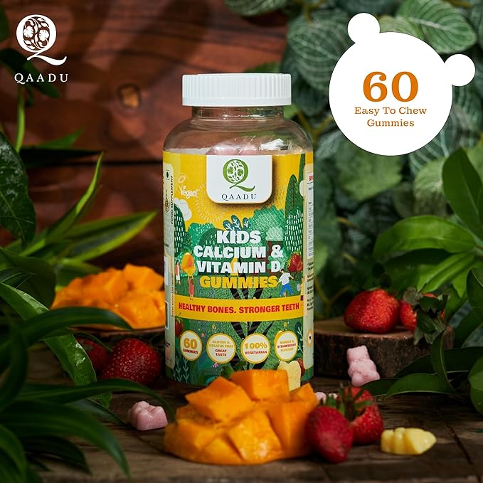 Kids Calcium &amp Vitamin D Gummies for Healthy Bones Stronger Teeth and Growth Vegan Delicious Mango &amp Strawberry Flavor 60 Chewable Gummies Certified Vegan by The Vegan Society of UK