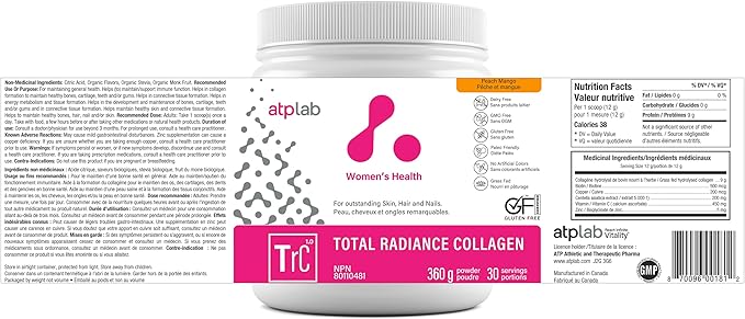 ATP LAB Total Radiance Collagen - Peach Mango Flavor 360g - Collagen Peptides Powder for Women - Hydrolyzed Collagen Protein Supplement with Biotin