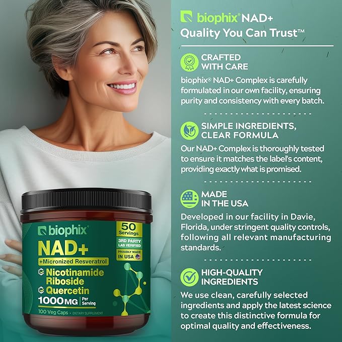 biophix NAD+ Liposomal Supplement for Women &amp Men - 1000 mg per Serving - Nicotinamide Riboside Micronized Resveratrol &amp Quercetin Complex - 100 Veg Capsules - Non-GMO Gluten-Free cGMP Cert