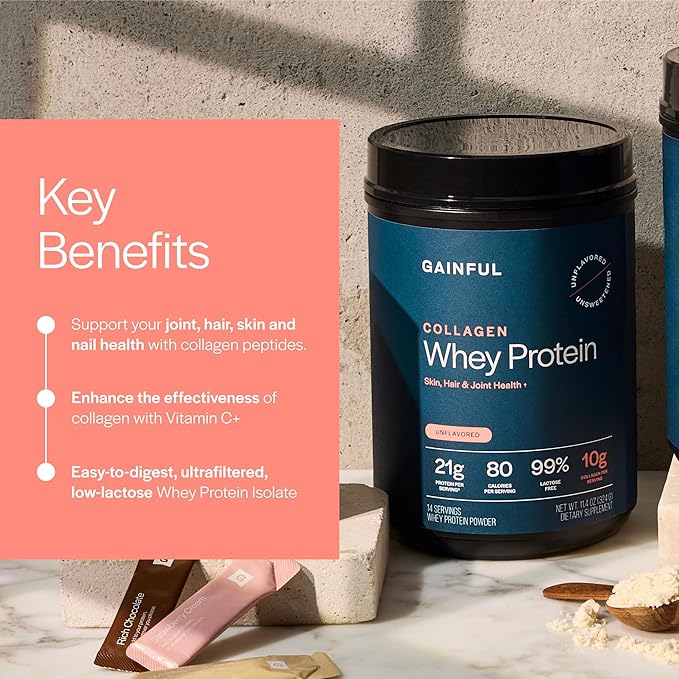 Gainful Collagen Whey Protein Powder &amp Sweet Treat Flavor Bundle 21g Protein Supports Muscle Recovery Joint Health &amp Skin Hydration with Grass-Fed Collagen Peptides 14 Servings + 14 Flavo