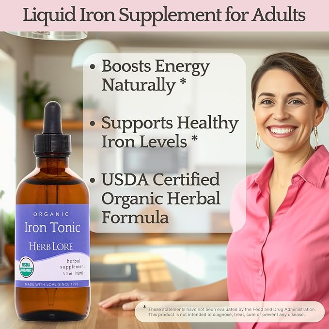 Herb Lore Organic Iron Tonic Tincture – Liquid Iron Drops for Women and Men – Non Constipating Easy on Stomach Plant Based Vegan &amp Alcohol Based (4 fl oz)