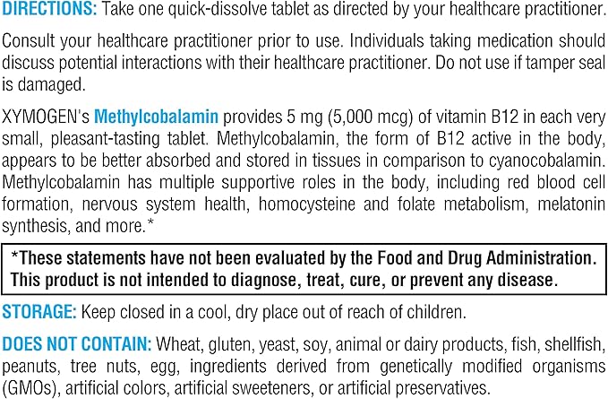 XYMOGEN Methylcobalamin - 5 mg Vitamin B12 - Supports Healthy Methylation Neurological Health &amp Red Blood Cell Formation - Non-GMO &amp Gluten Free - 120 Quick-Disssolve Tablets