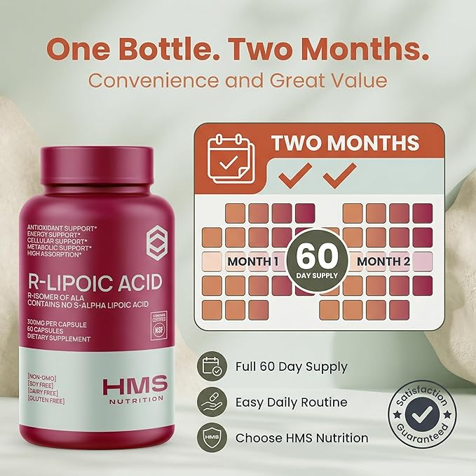 Stabilized R-Lipoic Acid 300 mg per Serving — Pure R Alpha Lipoic Acid (R-ALA) High Potency Active R Isomer Antioxidant Nerve &amp Metabolism Support — NSF Certified Non-GMO Vegan 60Capsule