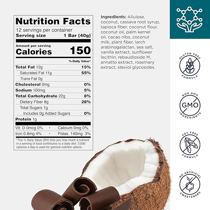 Designs for Health Cocommune Bars (12 Bars) | Prebiotic Fiber Bar with 8 g Fiber for Gut &amp Digestive Support – Sweetened with Allulose – Vegan Dairy-Free Gluten-Free Non-GMO 1 g Sugar