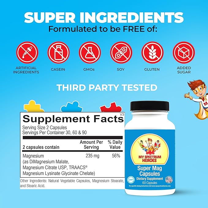 My Spectrum Heroes Magnesium Capsules - High-Absorption Magnesium Blend for Sleep Relaxation Cognitive Support and Calm - Kid &amp Adult Friendly Formula - Promotes Wellness and Balance - 60 Capsu