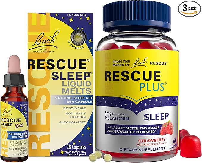Nighttime Sleep Aid Bundle 3Pk - Bach Rescue Sleep Kids Dropper 10mL [and] Rescue Sleep Liquid Melts 28Ct [and] Rescue Plus Sleep Gummies with 5mg Melatonin/dose 60Ct