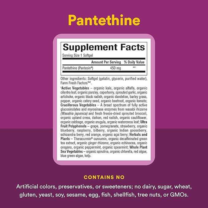 Natural Factors BioCoenzymated Pantethine - B Vitamin Support for Energy Support &amp Cardiovascular Health - Active Coenzyme Form - Non-GMO Gluten-Free &amp Dairy-Free - 60 Softgels