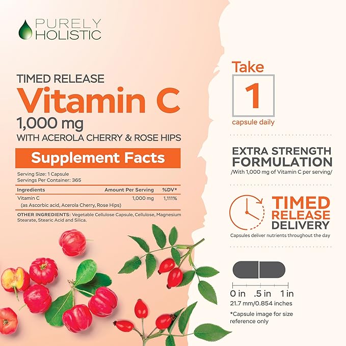 Purely Holistic Magnesium Glycinate 400mg + Vitamin C 1000mg with Rosehip &amp Acerola Cherry Bioflavonoid - Vegan Bundle - 270 Tablets &amp 365 Capsules