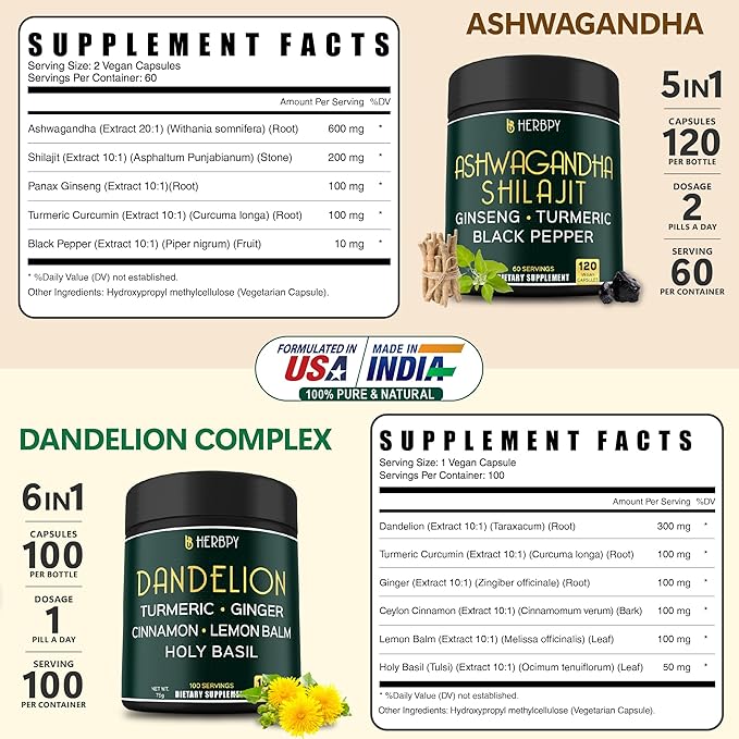Bundle 5in Ashwagandha Shilajit &amp 6in1 Dandelion Supplement