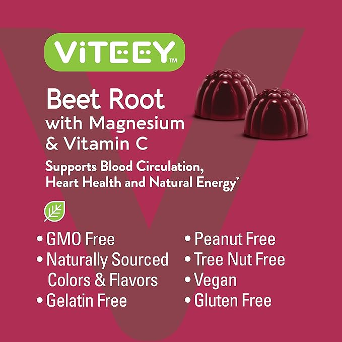 Viteey Beet Root Gummies with Magnesium &amp Vitamin C - Beetroot Supplement for Heart Health Blood Pressure Support - Vegan Gluten-Free - 120 Count