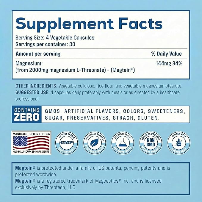 Magnesium L Threonate Magtein Brain Supplement for Memory Focus Sleep and Cognitive Support High Absorption Magnesium L-Threonate Non-GMO No Laxative Effect – 2000 mg 120 Vegan Capsules