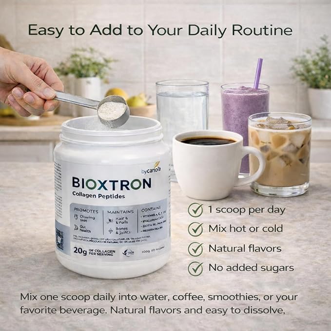 Bioxtron Collagen Peptides Powder - Unflavored Type I Bovine with Stem Cell Renewal for Hair Nail Skin Gut Bone &amp Joint Health Support - Hyaluronic Acid Protein Biotin - 600g (30 Servings)