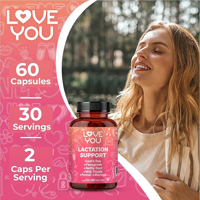 Love You Lactation Support for Breastfeeding Moms – Herbal Milk Booster with Fenugreek Moringa &amp Goat’s Rue – Vegan Postnatal Supplement for Milk Flow &amp Energy – 60 Capsules