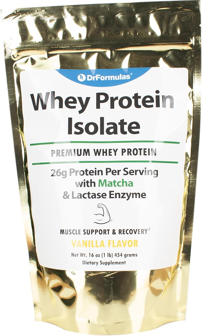 DrFormulas Lactose Free Whey Protein Isolate Powder with Lactase Organic Matcha with Vanilla Flavor 1 lb