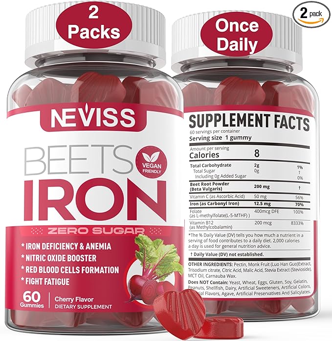 Beet Root Gummies with Iron Methyl B12 Folate Vitamin C - Increase Nitric Oxide &amp Iron Levels Energy Support Fight Fatigue Beetroot &amp Gentle Iron Supplement Sugar Free 120 Count