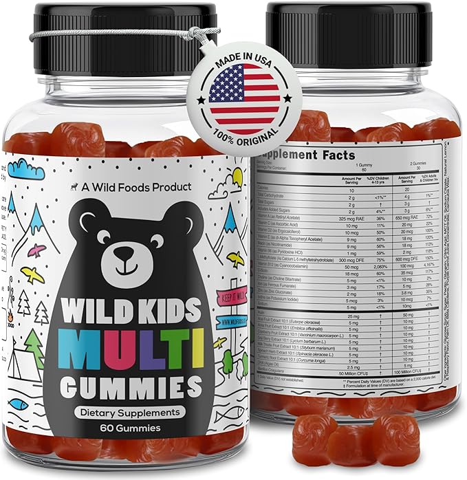 Wild Foods Kids Multivitamin Gummies – Natural Skin Immune &amp Bones Support with Kids Vitamins A C D E B12 Iron &amp DHA – Probiotics &amp multivitamin for Growth – 60 Flavored Gummies