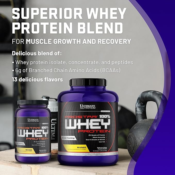 Ultimate Nutrition Prostar Whey Protein Powder Isolate Mango - Low Carb High Protein Powder Shake for Muscle Gain &amp Recovery - Low Sodium Low-Fat &amp Keto Friendly - 2 lbs Tub