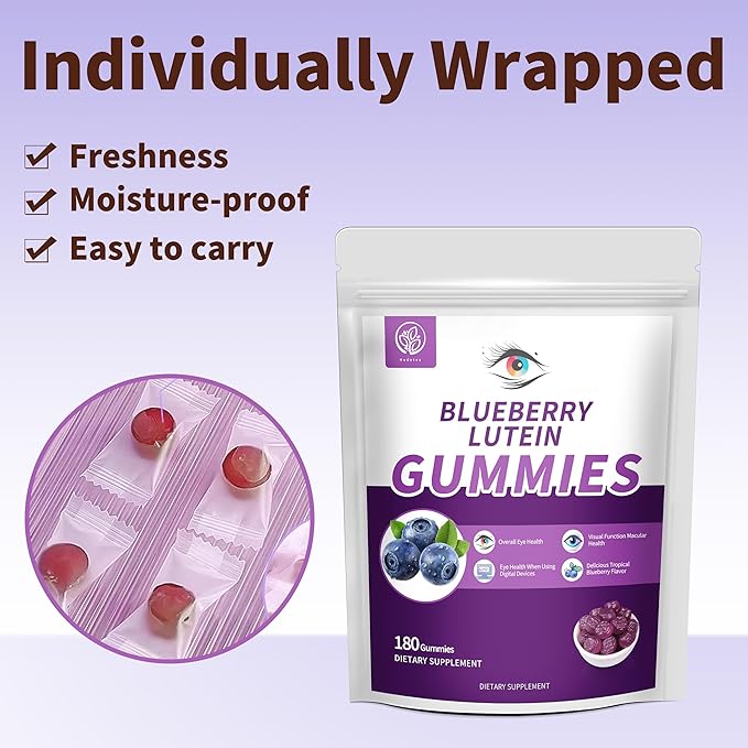 Blueberry Lutein Eye Vitamins Gummies with 180 Count - 3 Month Supply Vegan Eye Health Supplement for Kids and Adult Lutein Gummies for Vision Clarity and Blue Light Support