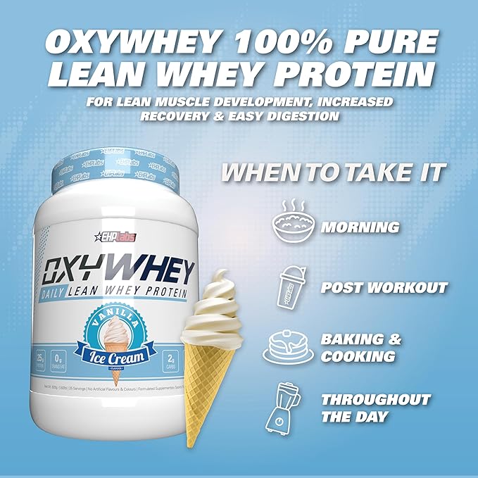 EHP Labs OxyWhey Whey Protein Isolate – 25g High Protein Low Carb Sugar Free Meal Replacement – Lean Whey Powder for Muscle Recovery – Non-GMO Gluten Free – 25 Serves – Vanilla Ice Cream