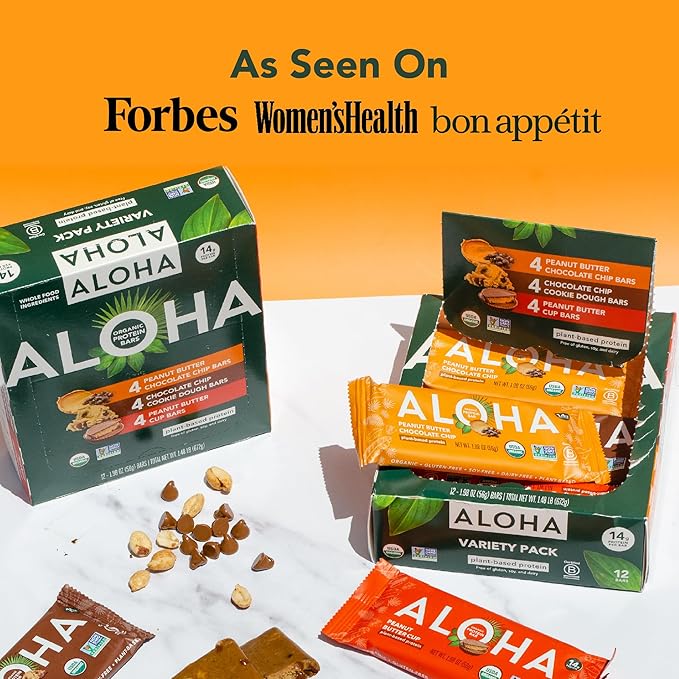 ALOHA Organic Plant Based Protein Bars - 3 Flavor Variety Pack - 12 Count 1.98oz Bars - Vegan Snacks Low Sugar Gluten-Free Low Carb Paleo Non-GMO Stevia-Free No Sugar Alcohol Sweeteners