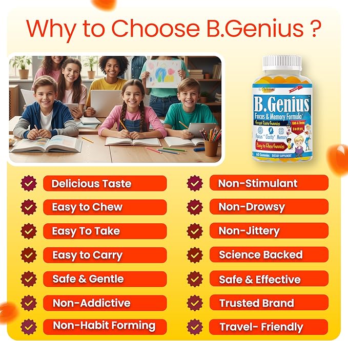 B.Genius Focus Gummies for Kids &amp Teens – Kids Focus and Attention Supplements – Memory &amp Concentration –Plant-Based Focus Supplement for Clarity Learning &amp Cognitive Health-60ct
