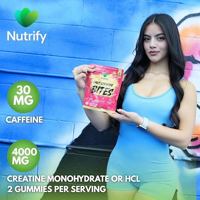Nutrify Daily Creatine Gummies for Women and Men - 4g Creatine Monohydrate per Serving for Muscle Growth &amp Recovery - Sugar-Free Low-Calorie with Vitamin B12 for Energy Boost 60 Count - Melon Ma