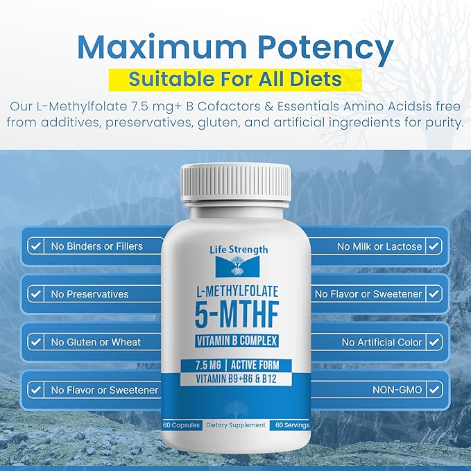 L-Methylfolate 7.5mg + Vitamin B Complex - 5-MTHF B6 &amp B12 Methylcobalamin - 60 Capsules - Professional Strength Active Methyl Folate - Non GMO Gluten Free No Fillers (2-Month Supply)