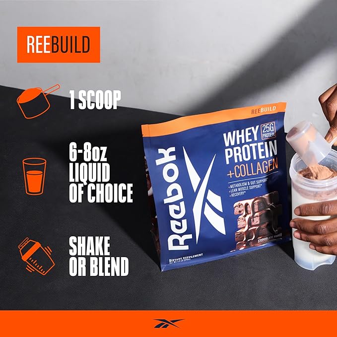 Reebok Whey Protein Powder + Collagen Peptides | 25g Protein with 9 Essential Amino Acids | Muscle Recovery Joint &amp Gut Support | Informed-Sport Certified | REEbuild Chocolate Fudge Flavor 1.3 l