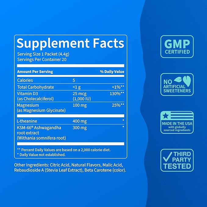 Nello Supercalm Powdered Drink Mix Cortisol Reducer* and Sleep Aid Supplement L Theanine Ksm-66 Ashwagandha Magnesium Glycinate Vitamin D 3 No Sugar Non GMO 20 Ct Tropical Tangerine