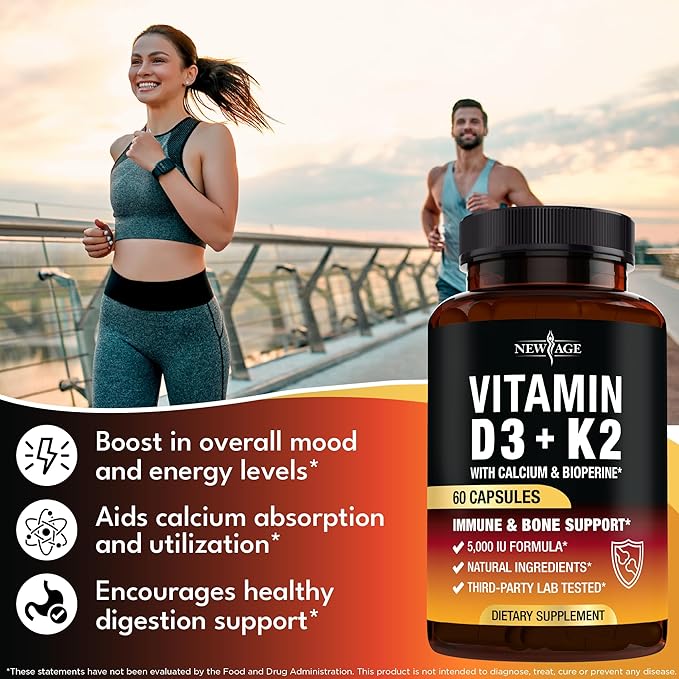 NEW AGE Vitamin D3 5000 IU + K2 MK-7 100 mcg - 2-in-1 Bone Immune &amp Heart Support Easy to Swallow Non-GMO - 120 Capsules