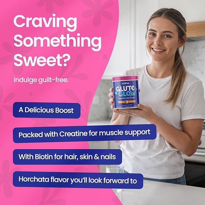 Glute Y Glow by Amatemas – Women's Creatine + Biotin Supplement for Muscle Growth Glute Support Hair Skin &amp Nails – Horchata Flavor – Energy Support – Lean Muscle – Daily Performance Blend