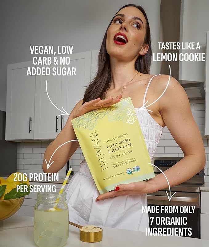 Truvani Vegan Pea Protein Powder | Lemon Cookie | 20g Organic Plant Based Protein | Single Serving Travel Packets | 10 Servings | Keto | Gluten &amp Dairy Free | Low Carb | No Added Sugar