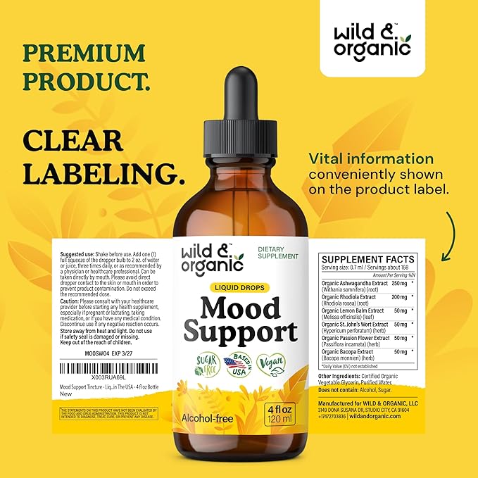 Wild &amp Organic Mood Support Supplement - Natural Liquid Drops for Positive Energy - Calm Mind Supplement for Women and Men - Non-Alcohol Ashwagandha &amp Rhodiola Rosea Root Tincture for Good Moo