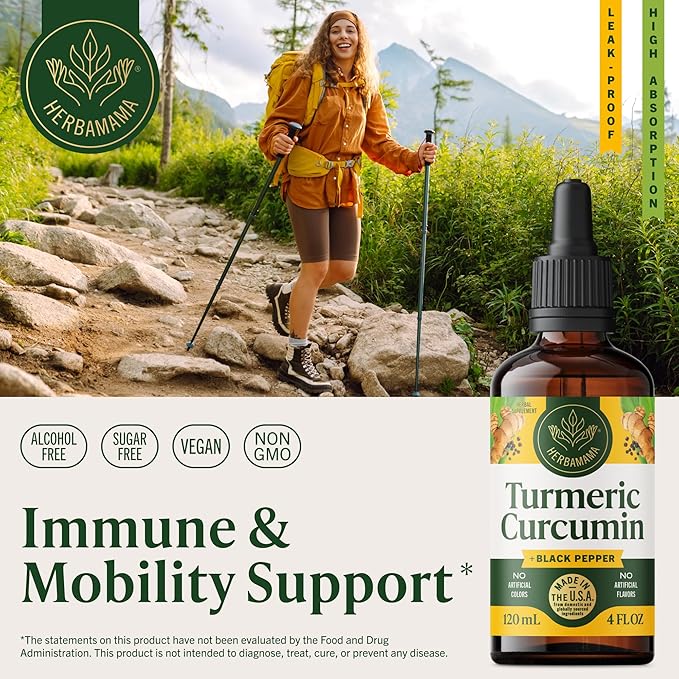 HERBAMAMA Turmeric Liquid Drops - Vegan Immune Digestive &amp Mobility Support with Turmeric Curcumin with Black Pepper Extract - Non-GMO Alcohol &amp Sugar-Free Antioxidant Supplement - 56-Day Su