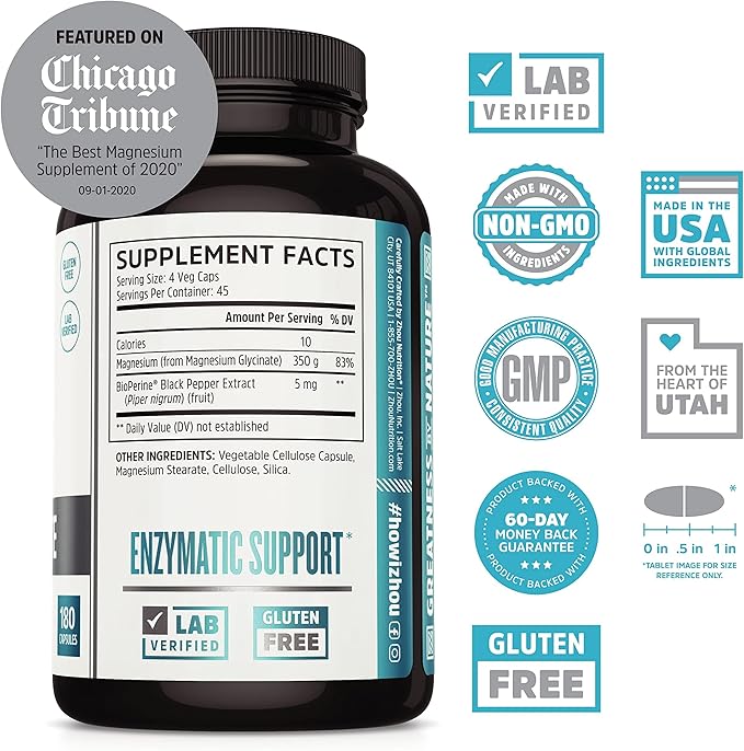 Zhou Magnesium Glycinate - Pure Mag Glycenate Supplement for Men &amp Women Natural Sleep Aid Heart Health Support Muscle Relaxation &amp Vitality - 180 Vegan Friendly Capsules