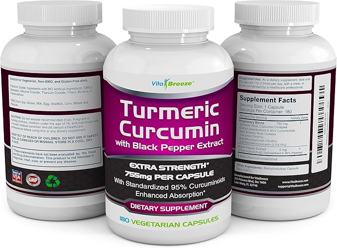 Turmeric Curcumin Complex with Black Pepper Extract - 755mg per Capsule 180 Veg. Caps - Contains Piperine (for Superior Absorption and Tumeric Bio-Availability) and 95% Standardized Curcuminoids
