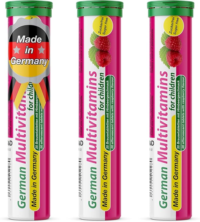 T&ampD German Multivitamin for Children 60 Drink Effervescent Tablets - Sweet Raspberry Flavour Sugar Free Vegan - Vitamin C E B1 B2 B6 B12 Folic Acid Niacin Pharma – Made in Germany