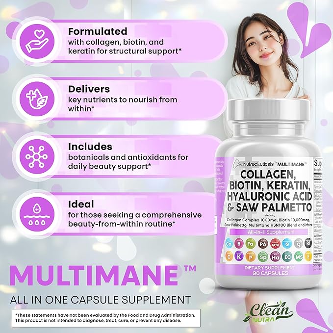 Clean Nutraceuticals Collagen Pills 1000mg Biotin 10000mcg Keratin Saw Palmetto Hyaluronic Acid - Hair Skin &amp Nails Vitamins &amp DHT Blocker (90 Count (Pack of 2))