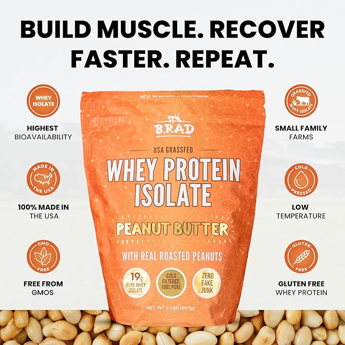 B.rad Grass Fed Whey Protein Isolate | Ultra-Pure All-Natural Clean Ingredients | 2 Pounds | 100% USA Sourced | Peanut Butter