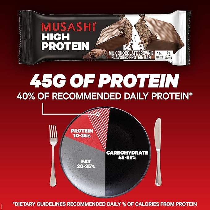 MUSASHI High Protein Bar 45g Protein 2g Total Sugars Milk Chocolate Brownie Post Workout and Protein Snack On The Go 12 Pack of 3.2oz (90g) Bars