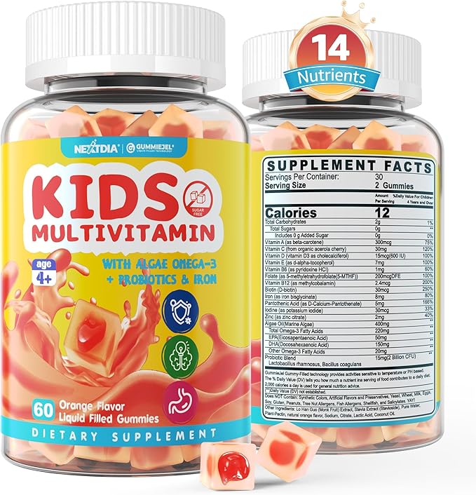 Kids Multivitamin Gummies with Iron Sugar Free Kids Daily Vitamins + Probiotics Algae Omega 3 (EPA/DHA) A C D Methyl B12 Folate B6 Zinc Biotin for Healthy Growth Immune Support 60 Count
