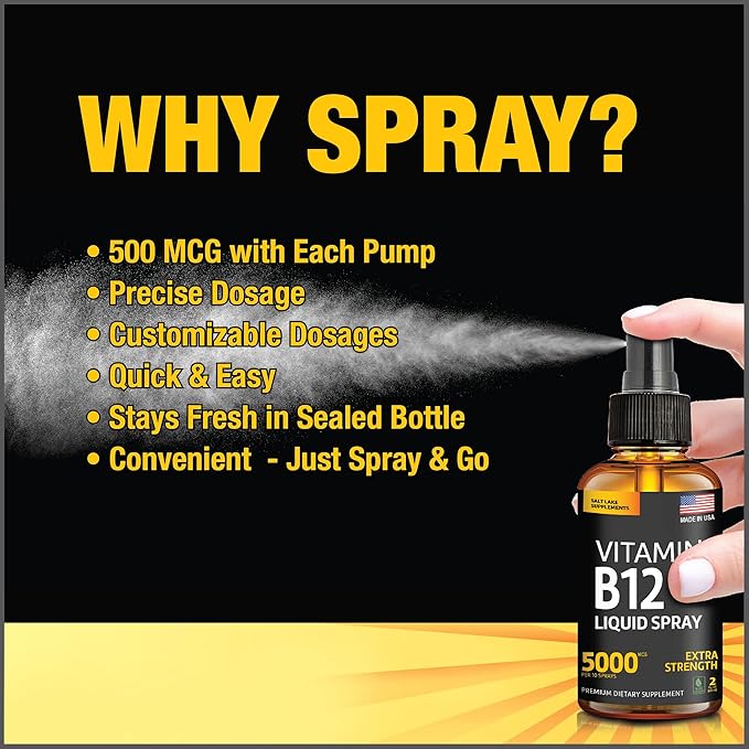 (2 Pack) - Liquid B12 Spray 5000 mcg - Vitamin B12 Sublingual - Vegan B12 Vitamin Spray - Methylcobalamin Vitamin B12 Liquid Boosts Energy &amp Mood - Gluten-Free &amp Non-GMO