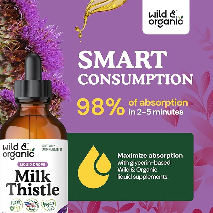 Wild &amp Organic Milk Thistle Liquid Drops - Liver Cleanse Detox - Silymarin Milk Thistle Supplement for Liver Support - Add to Tea - Silybum Marianum Seed Extract Tincture - Sugar &amp Alcohol-Fre