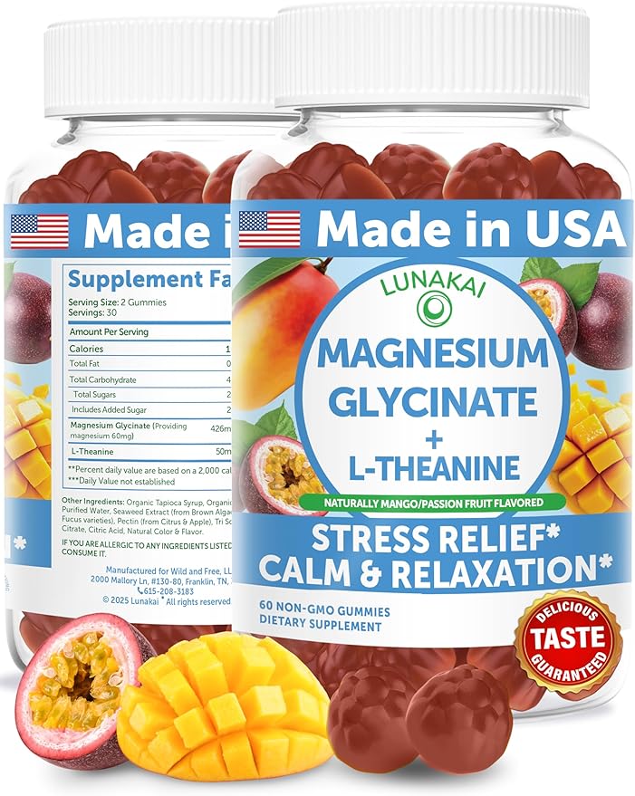 Lunakai USA Made Magnesium Glycinate Gummies with L-Theanine for Kids &amp Adults – 420mg Magnesium Supplement for Calm Sleep &amp Stress Support 60ct