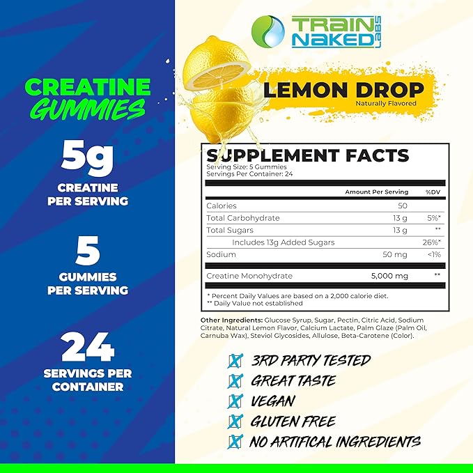 Creatine Gummies | Gummy Creatine Chewables for Men &amp Women | 5g per Serving | Gluten Free &amp Vegan | 120 Gummies 24 Servings (Lemon Drop)