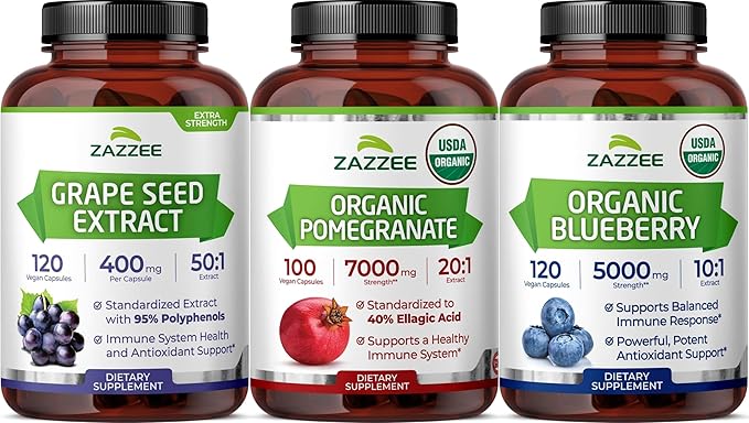 Zazzee Ultimate Anti Aging Antioxidant Bundle | USDA Organic Pomegranate with Polyphenol Rich Blueberry and Super Concentrated Grape Seed Extract Capsules | Non-GMO Vegan &amp ISO Lab Tested